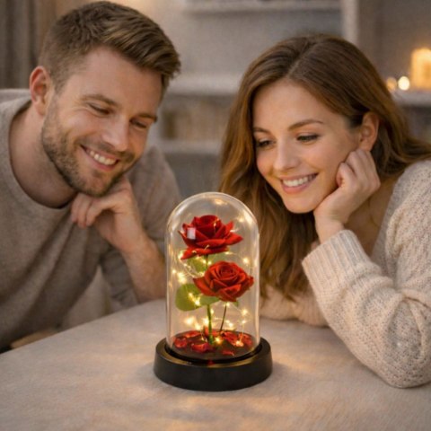 Wieczne 2 Róże w Kopule z Oświetleniem LED i Płatkami Róż Czerwone 21x11cm