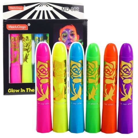 Zestaw Do Malowania Twarzy Pisaki Kredki Neonowe UV Fluorescencyjne 6szt