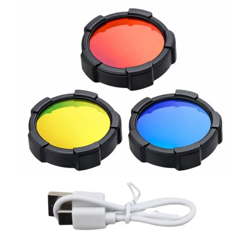 Latarka LED Szperacz Solarna 6 Trybów Powerbank Wymienne Filtry 23 cm