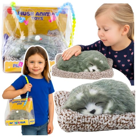 Śpiący Pies Husky Na Poduszce Figurka z Futerkiem Torba Dźwięki
